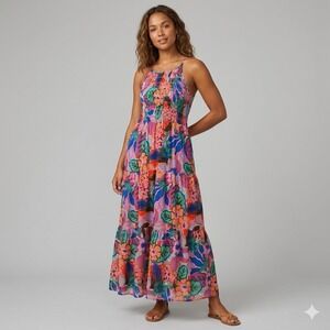 THML Anthro Smocked Back Tiered Floral Printed Colorful Maxi Dress Tassel Size S